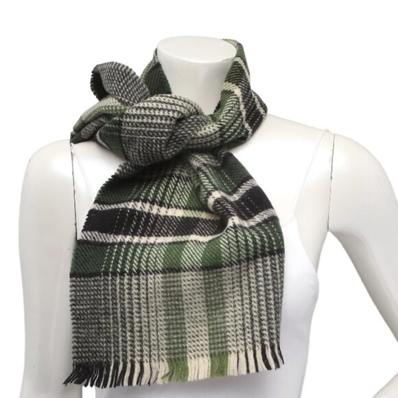 Vintage Plaid Wool Blend Winter Scarf Black Green Yellow Tassel - Picture 4 of 5